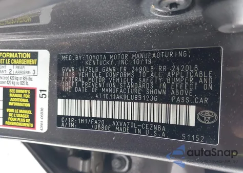 2020 Toyota Camry Le из США, поврежденный, VIN 4T1C11AK9LU891236